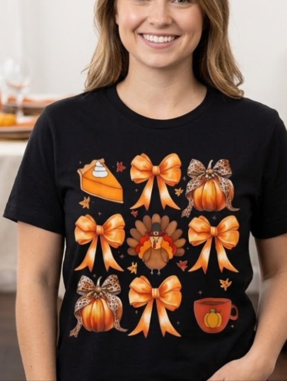 Black Thanksgiving Graphic Tee with Orange Bows & Turkey